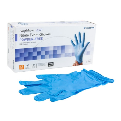 Exam Glove McKesson Confiderm? 4.5C X-Small NonSterile Nitrile Standard Cuff Length Textured Fingertips Blue Chemo Tested (BX)