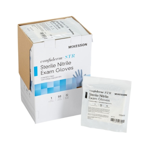Exam Glove McKesson Confiderm? STR Medium Sterile Pair Nitrile Standard Cuff Length Textured Fingertips Blue Not Rated (CS)