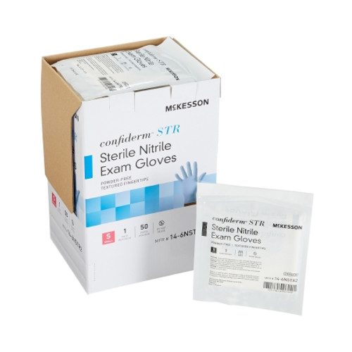 Exam Glove McKesson Confiderm? STR Small Sterile Pair Nitrile Standard Cuff Length Textured Fingertips Blue Not Rated (PR)