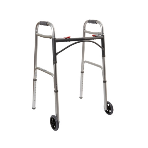 Dual Release Folding Walker with Wheels Adjustable Height McKesson Aluminum Frame 350 lbs. Weight Capacity 32 to 39 Inch Height (CS)