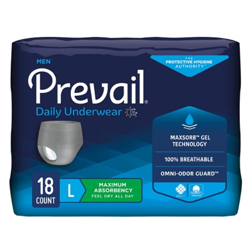 Male Adult Absorbent Underwear Prevail Daily Underwear Pull On with Tear Away Seams Large Disposable Heavy Absorbency (BG)