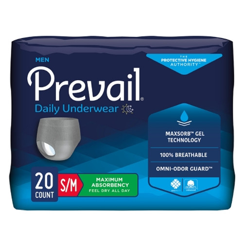 Male Adult Absorbent Underwear Prevail Daily Underwear Pull On with Tear Away Seams Small / Medium Disposable Heavy Absorbency (BG)