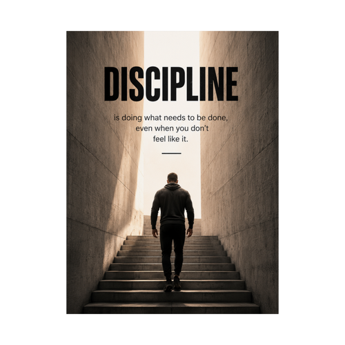 Minimalist Discipline wall art displayed in a startup office with laptop, notebook, and modern workspace.