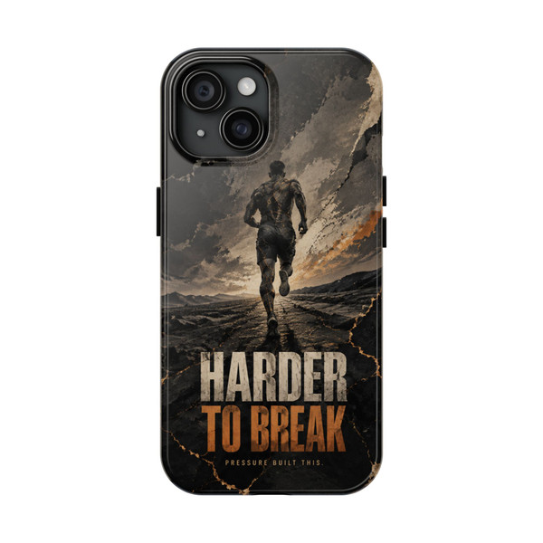 Harder to Break motivational phone case collection featuring a strong female athlete, colorful court-inspired artwork, and an empowering resilience slogan.