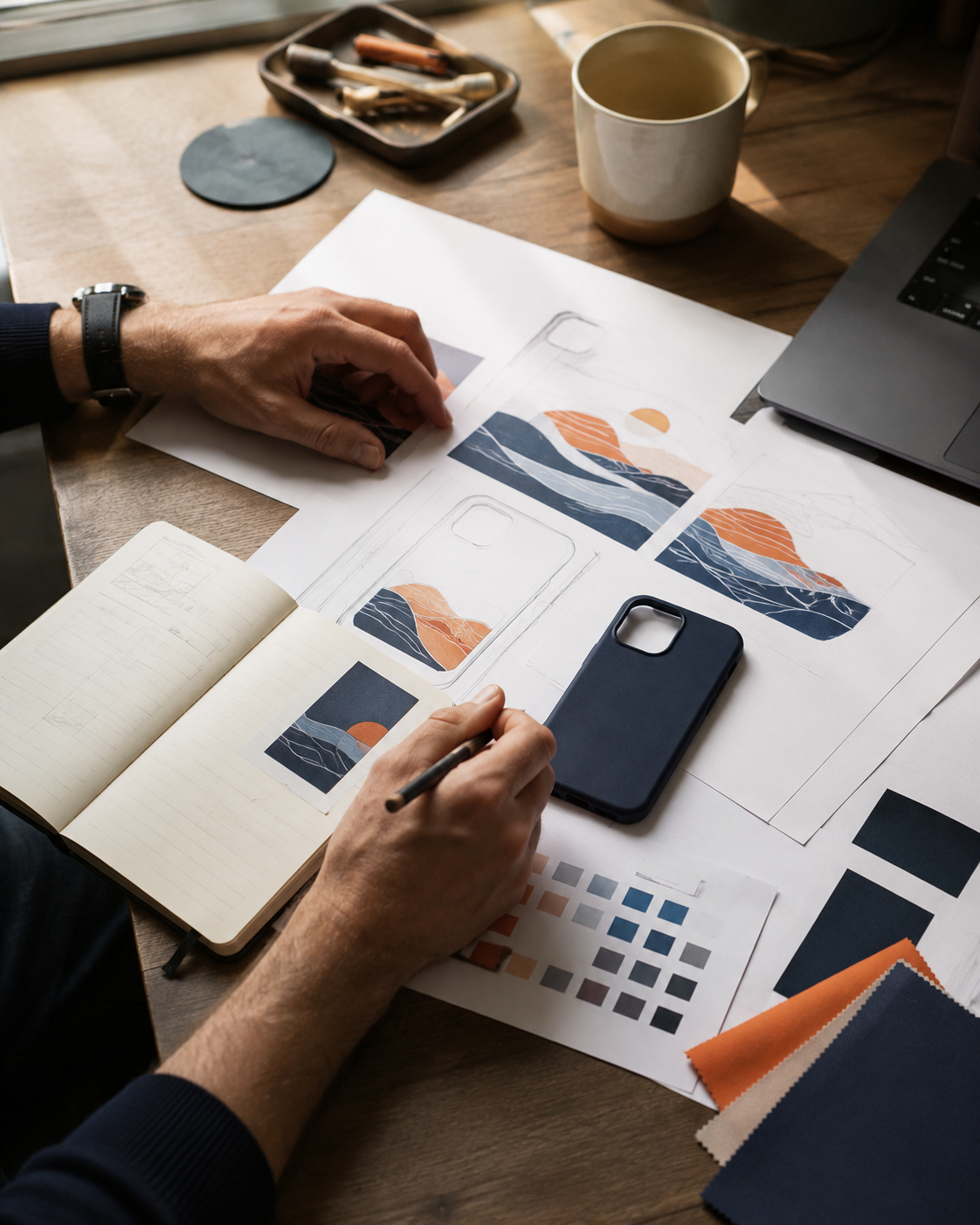 DoFam phone case concepts being developed at the founder's design desk