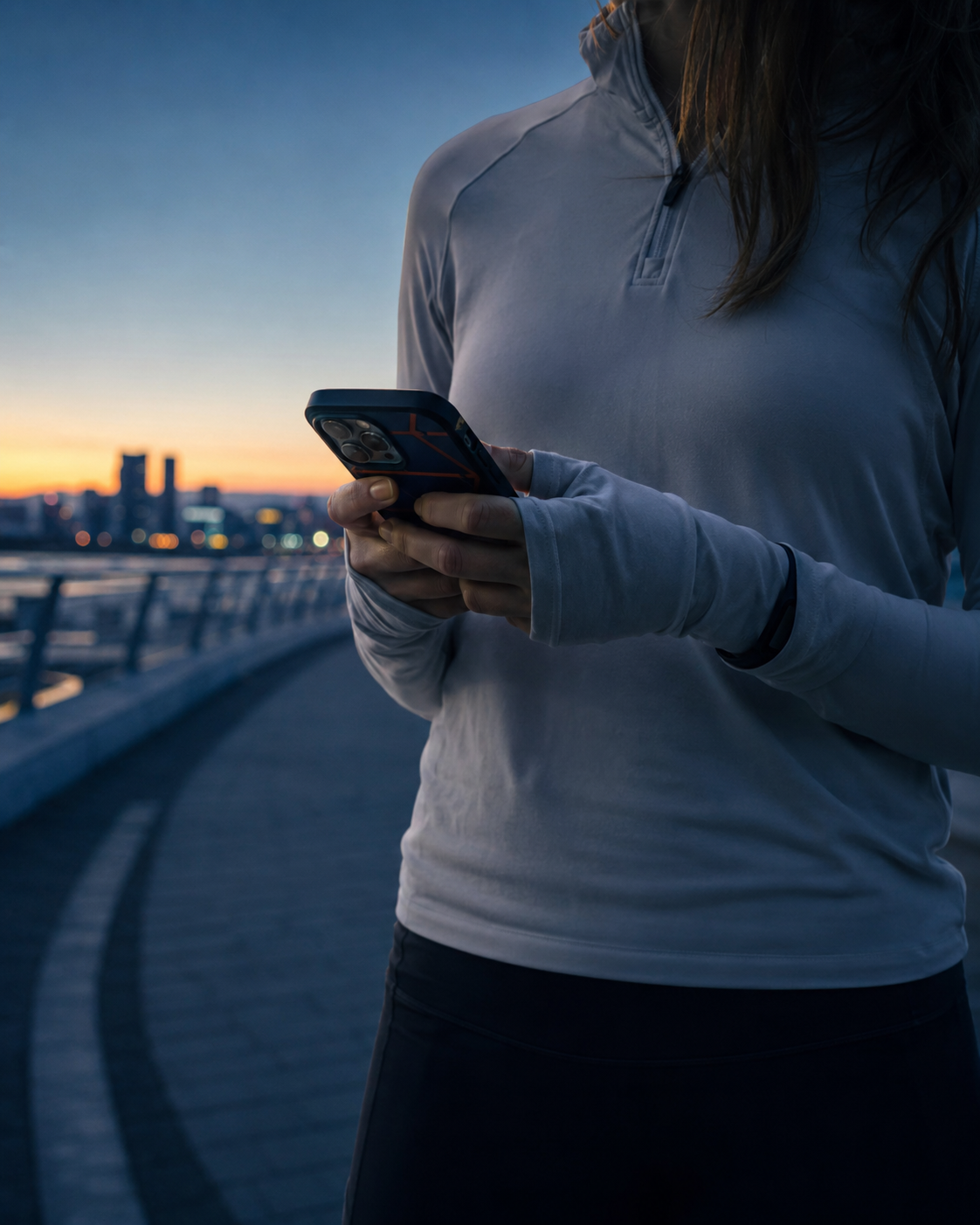 Runner checking a phone in a DoFam case before an early-morning workout