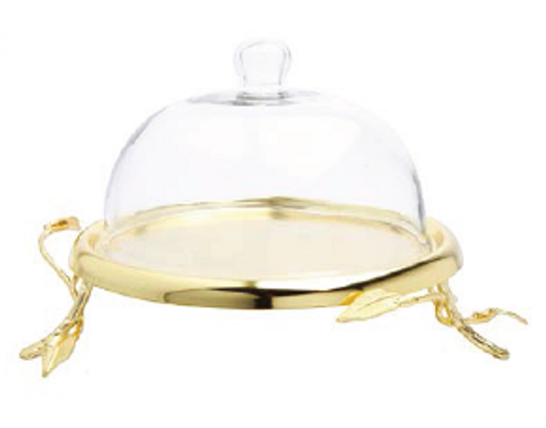 GLASS DOME WITH GOLD LEAF PLATE