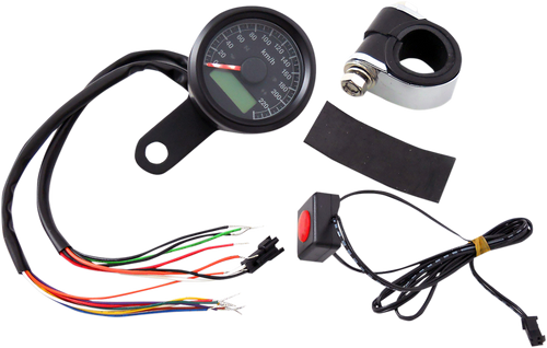 Drag Specialties Mini Programmable Speedometer With Indicator Lights - Gloss Black - Kph - Black Face 2210-0422