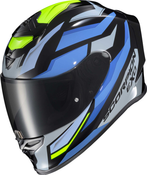 SCORPION EXO Exo-R1 Air Full Face Helmet Raven Black/Blue/Hi Viz Md R1-2304