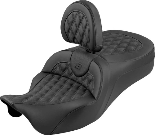 SADDLEMEN Roadsofa King Seat - With Backrest - Lattice Stitch - Black Stitch - FLH/FLT '08-'25 808-07B-182SB0