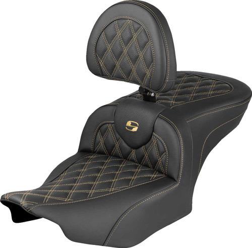 SADDLEMEN Extended Reach RoadSofa Seat - with Backrest - Lattice Stitch - Gold Stitch - FLH/FLT '23-'26 823-07-184B7