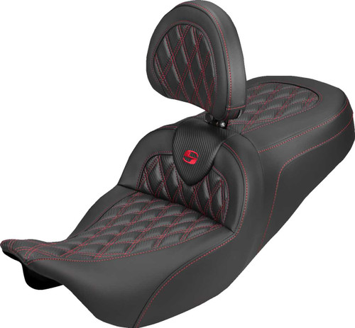 SADDLEMEN Roadsofa Carbon Fiber Seat - Lattice - Red Stitch - With Backrest - FLH/FLT '08-'25 808-07B-206B4