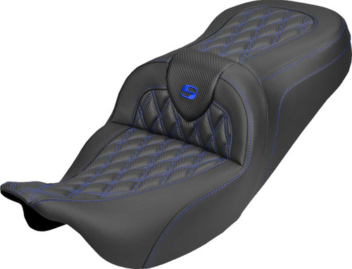SADDLEMEN Roadsofa Carbon Fiber Seat - Lattice - Blue Stitch - Without Backrest - FLH/FLT '08-'25 808-07B-20601
