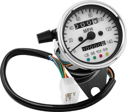 Bikers Choice 2.5 Inch Chrome 2:1 Universal Mini Speedo w LED Indicators White Face 140 Mph 490291