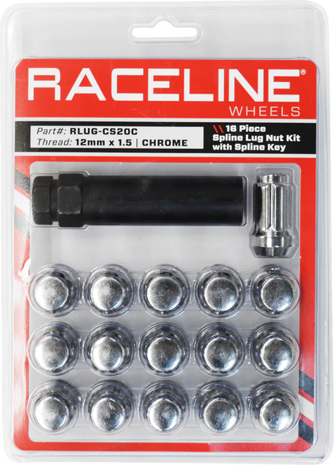 Raceline Wheels Lug Nuts - Spline Socket - 12 Mm X 1.5" - With Spline Key - Chrome - 16 Pack RLUG-CS20C