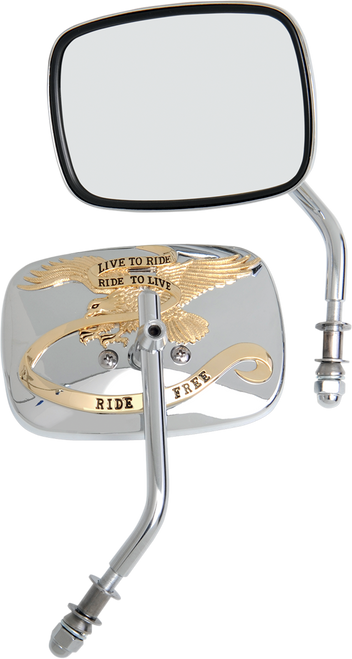 Drag Specialties Mirrors - Live To Ride - Side View - Rectangle - Chrome/Gold - Pair 0640-0476