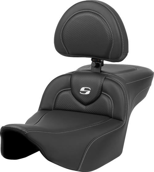 Saddlemen Roadsofa Extended Reach Seat - Carbon Fiber - Silver Stitch/Silver Logo - W/ Backrest - Fl '23-'24 823-07-186BR
