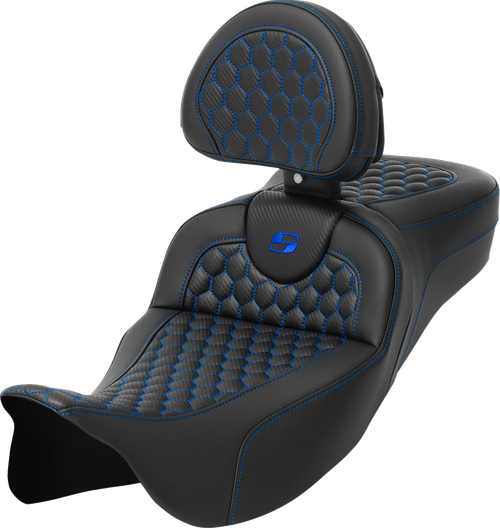 Saddlemen Roadsofa Seat - Honeycomb - Blue Stitch - With Backrest - Extended Reach - Flh/Flt '08-'24 808-07B-190B1