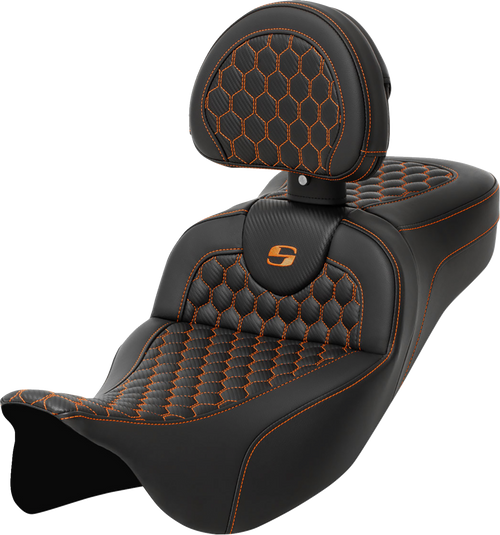Saddlemen Roadsofa Seat - Honeycomb - Orange Stitch - With Backrest - Extended Reach - Flh/Flt '08-'24 808-07B-190B3