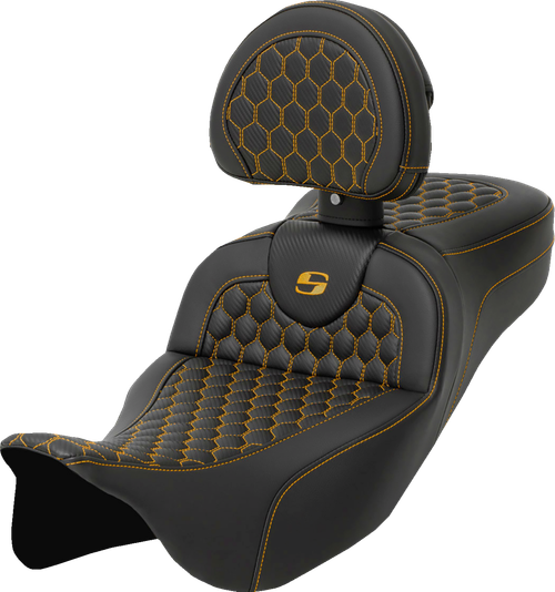 Saddlemen Roadsofa Seat - Honeycomb - Gold Stitch - With Backrest - Extended Reach - Flh/Flt '08-'24 808-07B-190B7