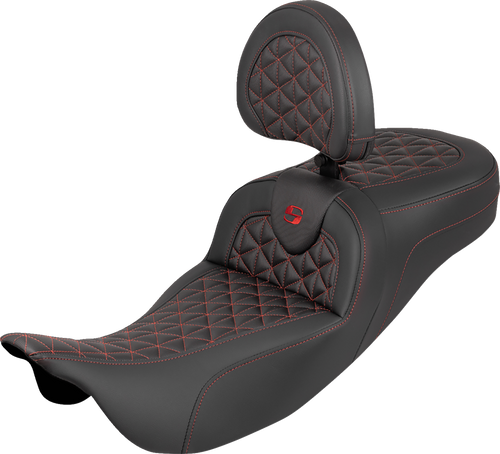 Saddlemen Roadsofa Tri Gripper Seat - Extended Reach - Red Stitch - W/ Backrest - Flh/Flt '08-'25 808-07B-211B4