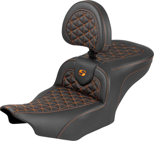 Saddlemen Roadsofa Seat - With Backrest - Orange Stitch - Flh/Flt '23-'25 823-07-210B3