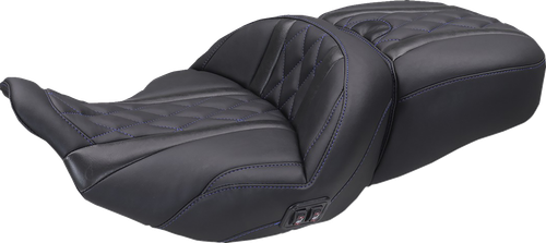 Mustang Heated Super Touring One Piece 2-Up Seat - Deluxe Diamond - Sky Blue Stitch - Flt/Flh '23-'25 89410SB