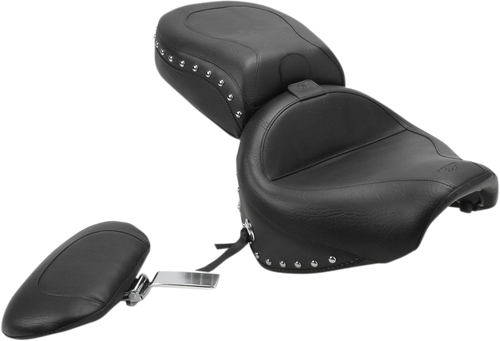 Mustang Seat - Wide Touring - With Driver Backrest - Two-Piece - Chrome Studded - Black W/Conchos 79190