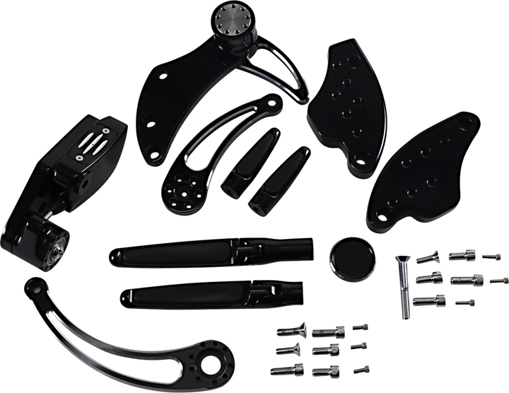 Hawg Halters Forward Control - 18+ Softail - Black Anodized - Standard - Folding Rubber Inlay Pegs - Slotted Levr FCK-S18A-FR-SE