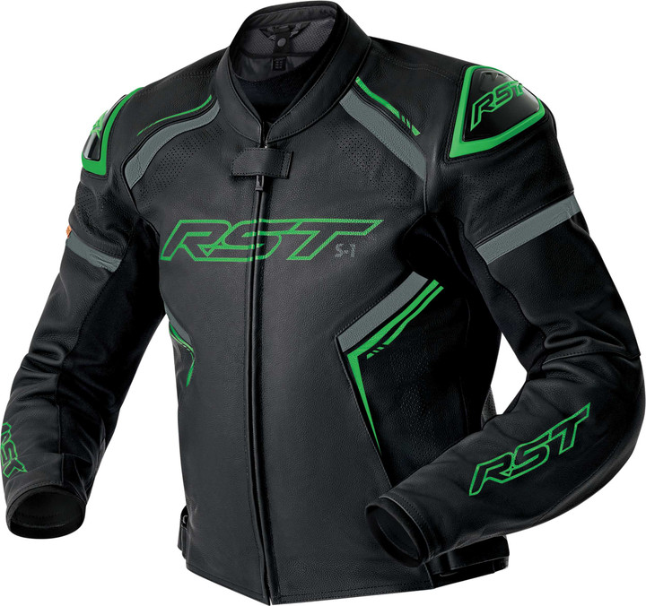 RST S1 D3O Leather Jacket Blk/Gry/Flo Grn Lg 103605F.GRN-44