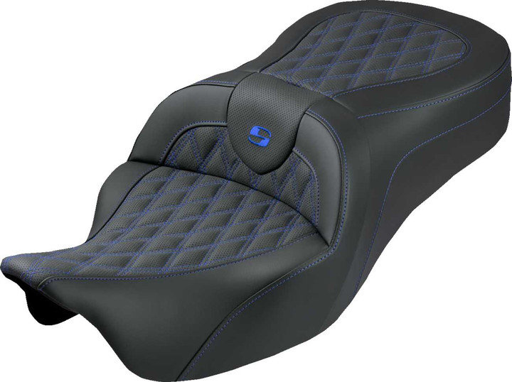 SADDLEMEN Roadsofa King Seat - No Backrest - Lattice Stitch - Blue Stitch - FLH/FLT '08-'25 808-07B-182S01
