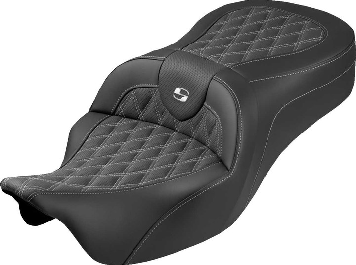 SADDLEMEN Roadsofa King Seat - No Backrest - Lattice Stitch - White Stitch - FLH/FLT '08-'25 808-07B-182S06