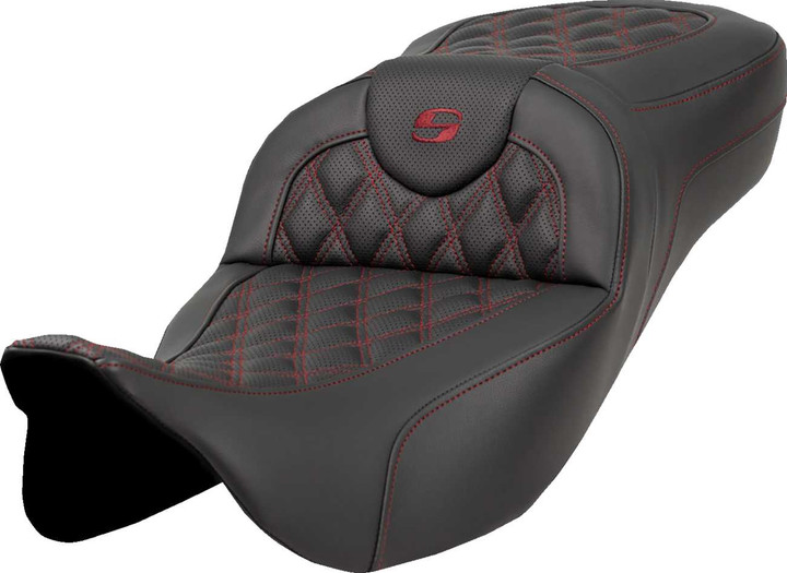 SADDLEMEN Extended Reach Roadsofa Seat - Lattice Stitch - Burgundy Stitch - without Backrest - FL '08-'24 808-07B-18408