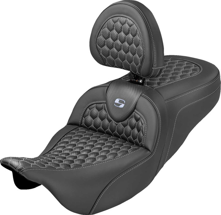 SADDLEMEN Roadsofa Seat - Honeycomb Stitch - Silver Stitch - With Backrest - FLH/FLT '08-'25 808-07B-189B5