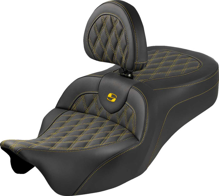 SADDLEMEN Roadsofa King Seat - With Backrest - Lattice Stitch - Gold Stitch - FLH/FLT '08-'25 808-07B-182SB7