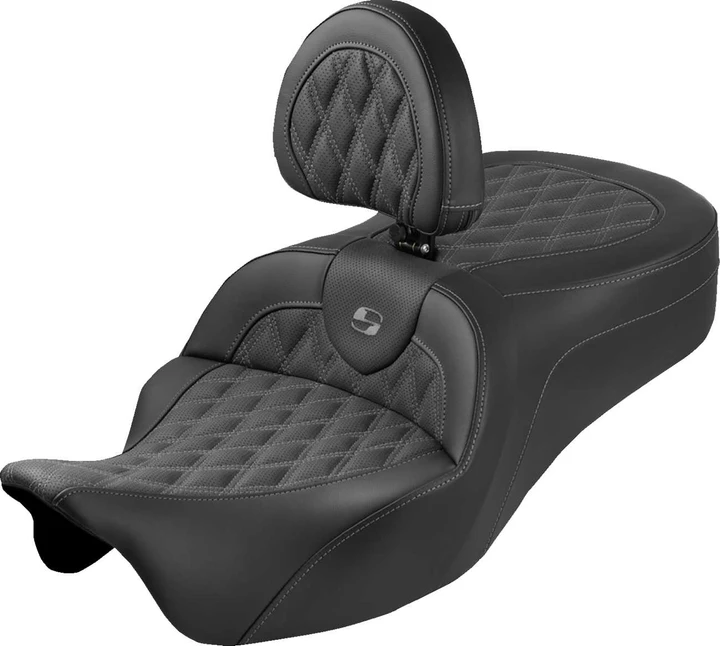 SADDLEMEN Roadsofa King Seat - With Backrest - Lattice Stitch - Gray Stitch - FLH/FLT '08-'25 808-07B-182SB2