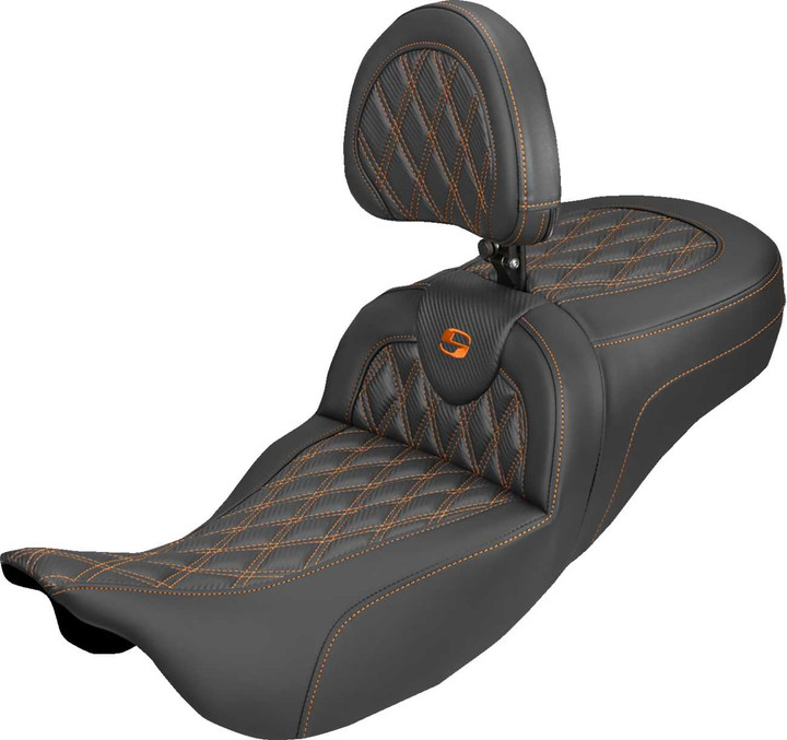 SADDLEMEN Extended Reach Roadsofa Carbon Fiber Seat - Lattice - Orange Stitch - With Backrest - FL '08-'25 808-07B-207B3