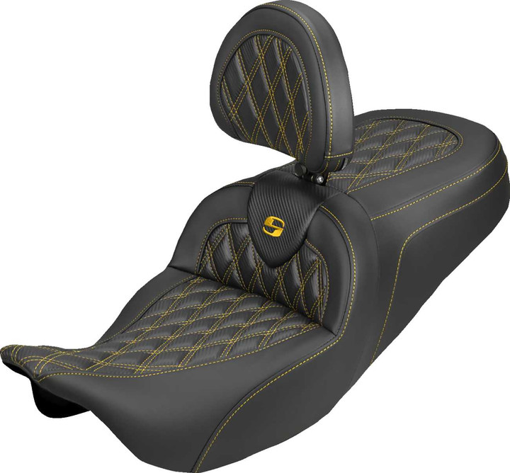 SADDLEMEN Roadsofa Carbon Fiber Seat - Lattice - Gold Stitch - With Backrest - FLH/FLT '08-'25 808-07B-206B7