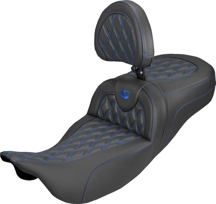 SADDLEMEN Extended Reach Roadsofa Carbon Fiber Seat - Lattice - Blue Stitch - With Backrest - FL '08-'25 808-07B-207B1