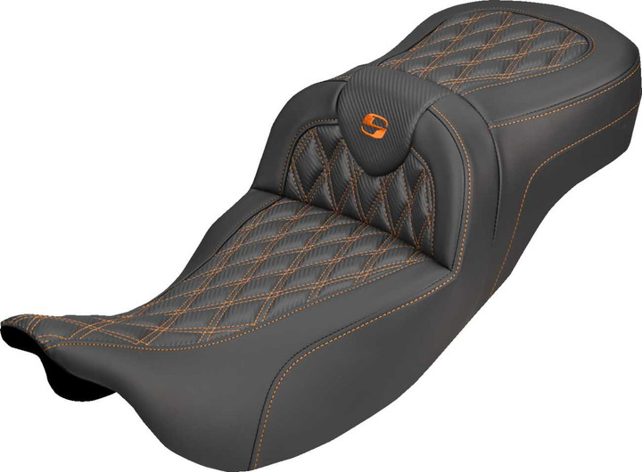 SADDLEMEN Extended Reach Roadsofa Carbon Fiber Seat - Lattice - Orange Stitch - Without Backrest - FL '08-'25 808-07B-20703