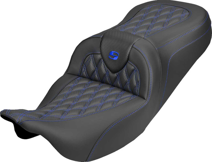 SADDLEMEN Roadsofa Carbon Fiber Seat - Lattice - Blue Stitch - Without Backrest - FLH/FLT '08-'25 808-07B-20601