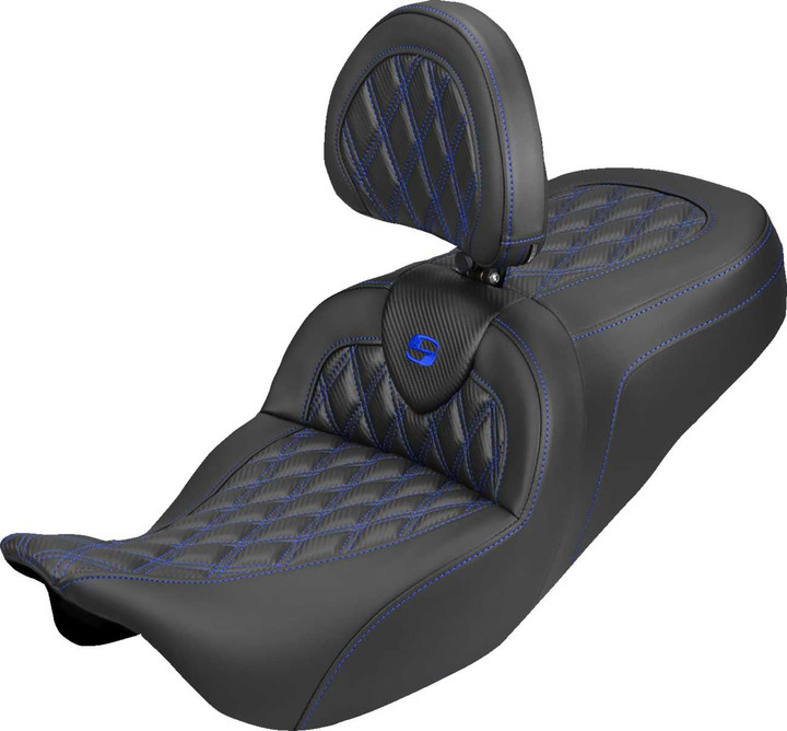 SADDLEMEN Roadsofa Carbon Fiber Seat - Lattice - Blue Stitch - With Backrest - FLH/FLT '08-'25 808-07B-206B1