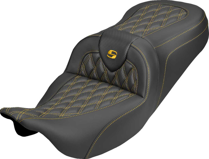 SADDLEMEN Roadsofa Carbon Fiber Seat - Lattice - Gold Stitch - Without Backrest - FLH/FLT '08-'25 808-07B-20607
