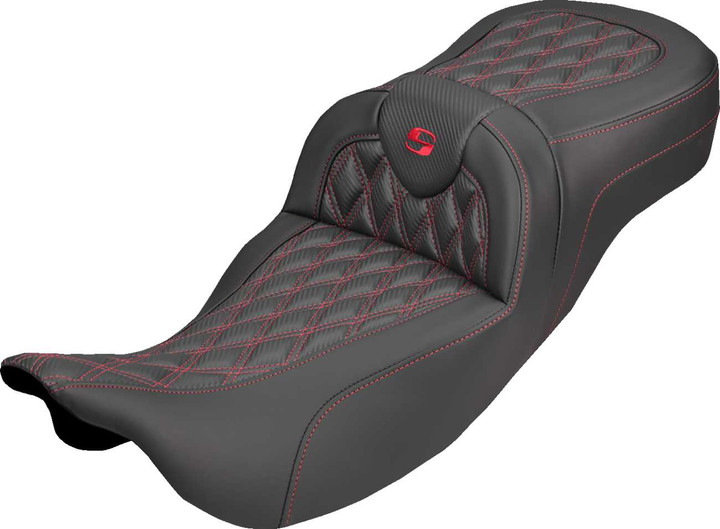 SADDLEMEN Extended Reach Roadsofa Carbon Fiber Seat - Lattice - Red Stitch - Without Backrest - FL '08-'25 808-07B-20704