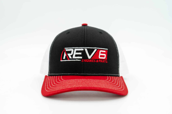 REV6 Logo Snapback Hat (Black, Red Curved Bill, White Mesh)