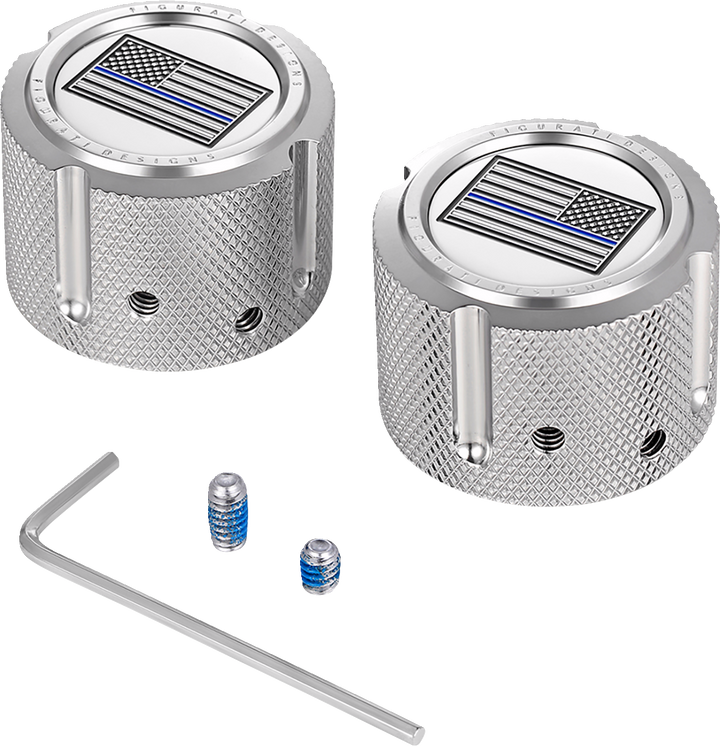 Figurati Designs Axle Nut Cover - Front - Stainless Steel - Blue Line Flag - Silver FD70-FAC-SS