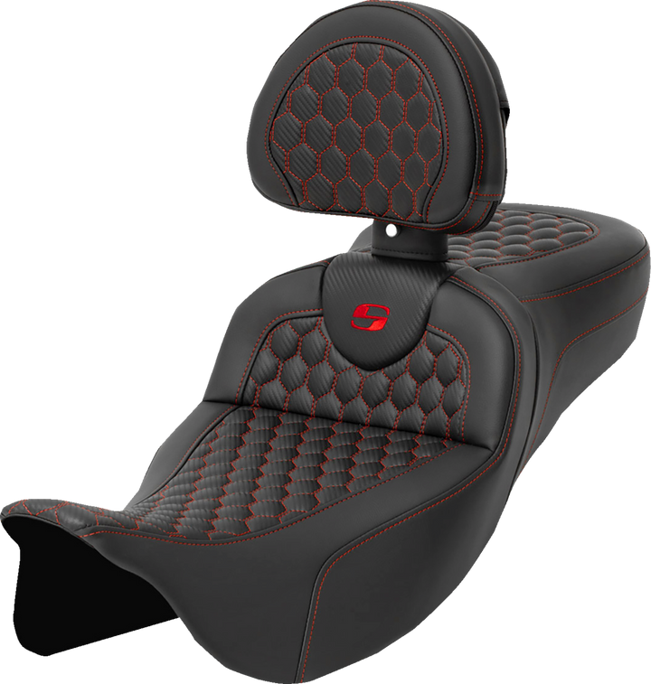 Saddlemen Roadsofa Seat - Honeycomb - Red Stitch - With Backrest - Extended Reach - Flh/Flt '08-'24 808-07B-190B4