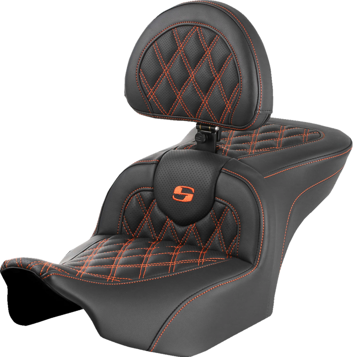 Saddlemen Roadsofa Seat - With Backrest - Lattice Stitch - Orange Stitch - Fltr/Flhx '23-'24 823-07-182B3