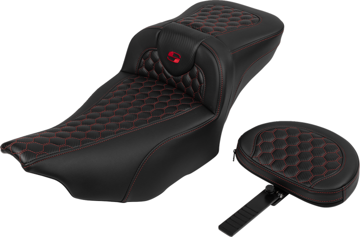 Saddlemen Roadsofa Extended Reach Seat - With Backrest - Honeycomb - Red Stitch - Fltr/Flhx '23-'24 823-07-190B4