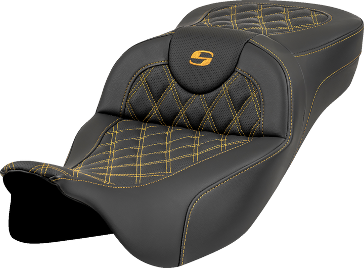 Saddlemen Roadsofa Extended Reach Seat - Lattice Stitch - Gold Stitch - Without Backrest - Fl '08-'23 808-07B-18407